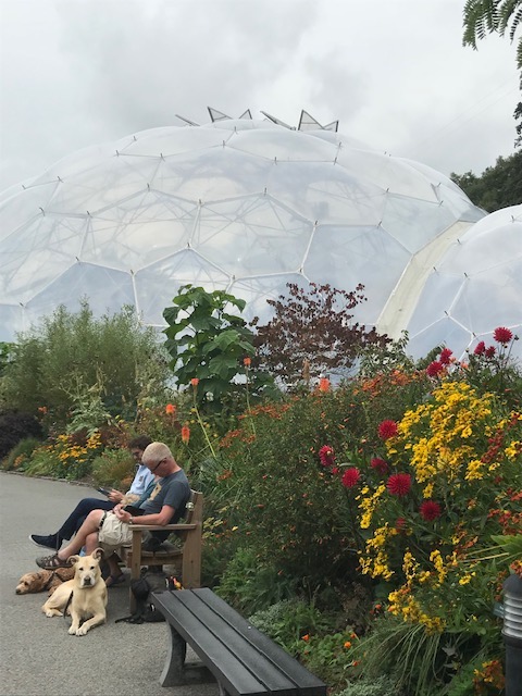 Eden Project Cornwall visitors relaxing with dog