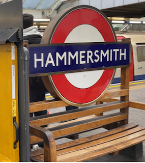 A Hammersmith tube station sign at Hammersmith underground station